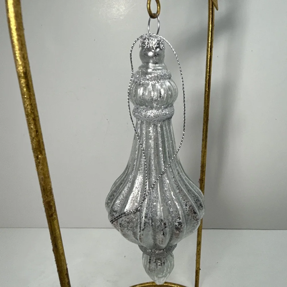 Set (2)‎ Silver and glittered mercury glass blown finial shaped ornaments 6 in